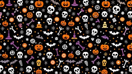 Seamless halloween pattern with scull bat ghost pumpkin bone candies white and black. 