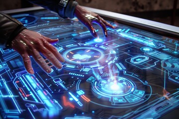 Futuristic interface with glowing blue lines and a hand interacting.