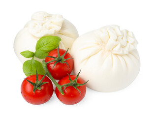 Fresh delicious burrata cheese, tomatoes and basil isolated on white