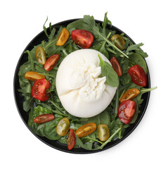 Delicious burrata salad isolated on white, top view