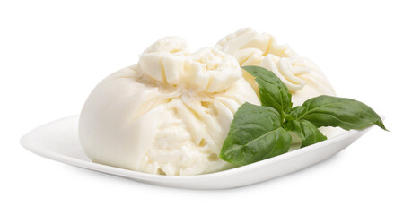 Delicious burrata cheese and basil isolated on white