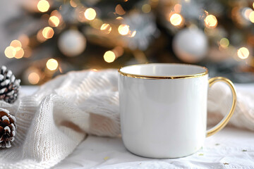 a white mug with gold trim on a white surface with a knitted sweater and lights