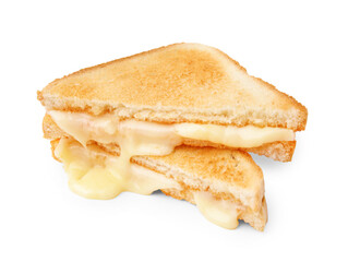 Pieces of toasted bread with melted cheese isolated on white