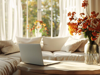 a laptop on a table in front of a couch