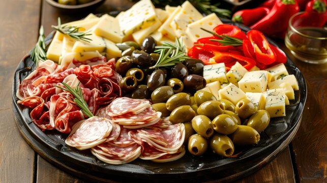 A beautifully arranged antipasto platter with a variety of Italian cheeses, olives, marinated artichokes, and roasted red peppers