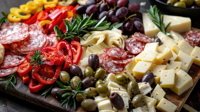 A beautifully arranged antipasto platter with a variety of Italian cheeses, olives, marinated artichokes, and roasted red peppers