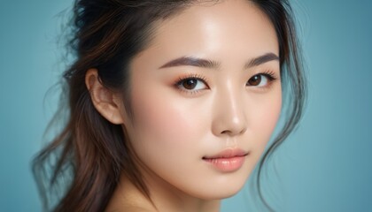 Fototapeta premium Close up portrait of a serene woman against a minimalist background. Perfect for beauty, skincare, and fashion concepts.