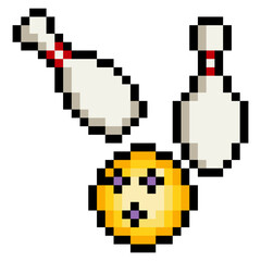 Bowling ball and bowling pins in 8 bit pixel art style