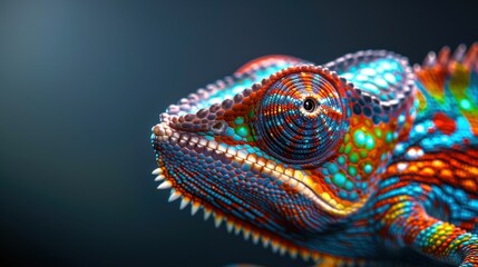 Obraz premium Detailed close-up shot of a chameleon's skin captured with a professional DSLR camera, emphasizing the dynamic color shift of chromatophores and the fine texture of scales and ridges