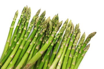 Fresh green asparagus stems isolated on white, top view