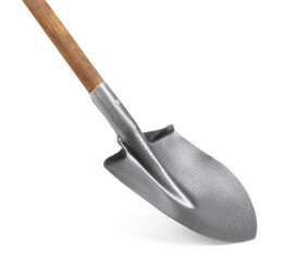 Metal shovel with wooden handle isolated on white