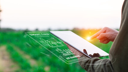 Farmers use agricultural technology in data analysis tablets and image icons. New technologies in agricultural business concepts. Men use tablets to research and develop plant varieties, agricultural