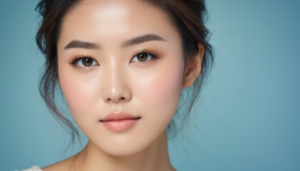 Fototapeta premium Close up portrait of a serene woman against a minimalist background. Perfect for beauty, skincare, and fashion concepts.