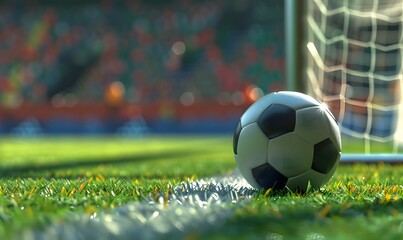 Close-up of a soccer ball on the goal line with blurred stadium background