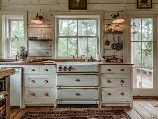  A photo of a historic farmhouse kitchen with its original exposed brick walls and wooden cabinets carefully restored and updated with modern hardware