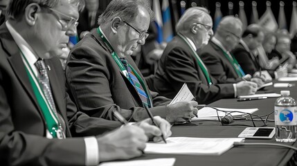International delegates jotting notes with global flags at an intercontinental conference