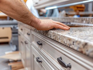 A close-up of a worker using a cabinet knob jig to ensure precise placement of hardware on newly installed cabinets