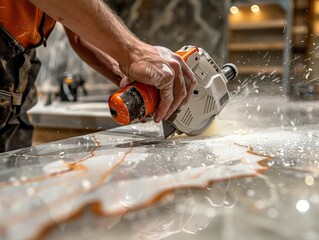 A close-up of a worker using a specialized saw to cut a precise cutout in a countertop for a seamless sink installation