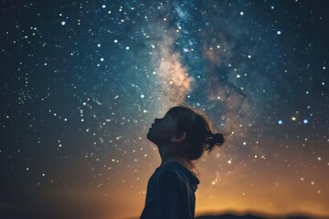 A child standing under a night sky filled with stars and the Milky Way, looking up in amazement