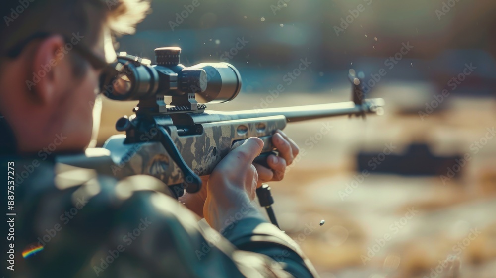 Poster a person is focusing on their target while hunting or shooting practice, suitable for outdoor activi