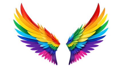 Rainbow pride wings isolated on a transparent background. Perfect for LGBTQ+ pride, diversity, inclusion themes, and creative projects celebrating love and equality.