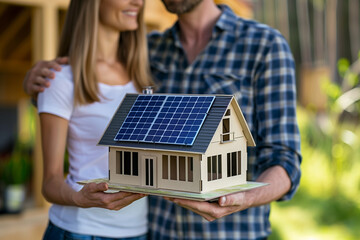 Close up of happy couple holding house with solar photovoltaic roof as green alternative energy concept for houseowners
