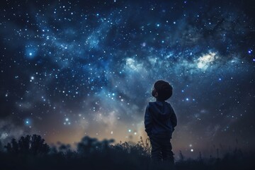 A child standing under a night sky filled with stars and the Milky Way, looking up in amazement