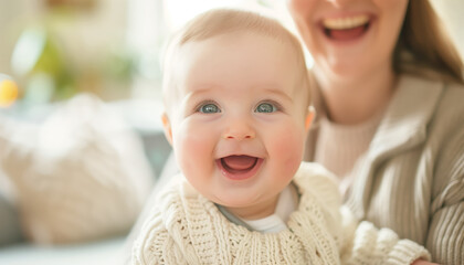 Joyful baby with a big smile in a cozy sweater, held by a happy woman in a warm, sunlit room.