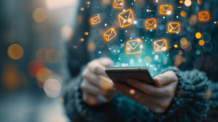 Person using smartphone with digital mail icons representing communication, technology, and social media in an urban setting.