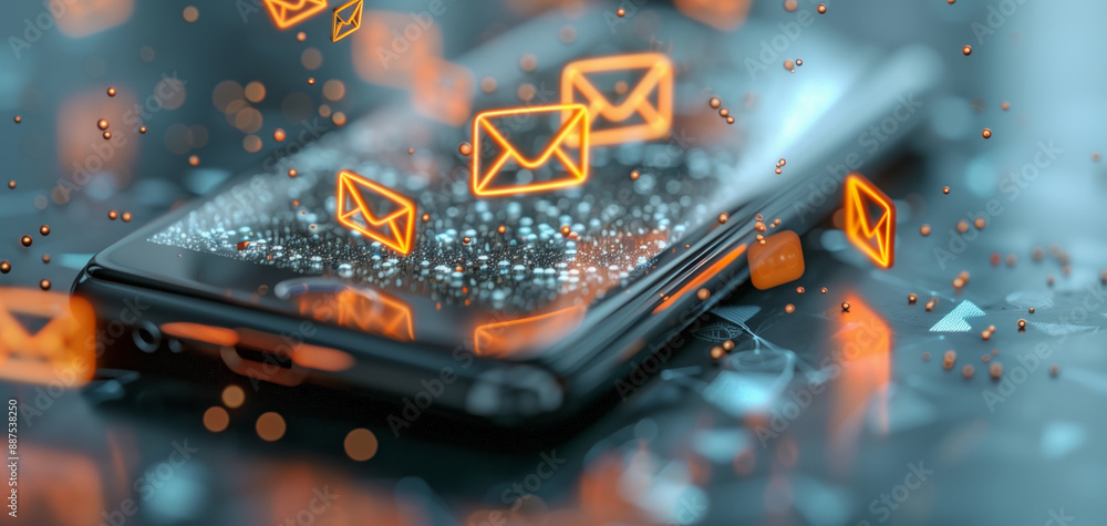Poster smartphone with floating email icons representing digital communication and online messaging in a fu
