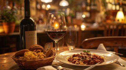 A cozy Italian trattoria with a table set for two, featuring a bottle of red wine