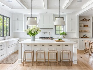 A light and airy kitchen with white quartz countertops and shaker-style cabinets offering a timeless and elegant look