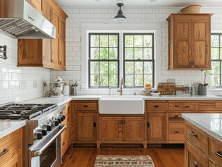 A photo of a classic galley kitchen with its original white subway tile backsplash and wooden cabinets meticulously restored and updated with modern hardware