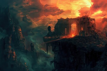 Ancient ruins of a forgotten civilization stand tall against a backdrop of a fiery sky