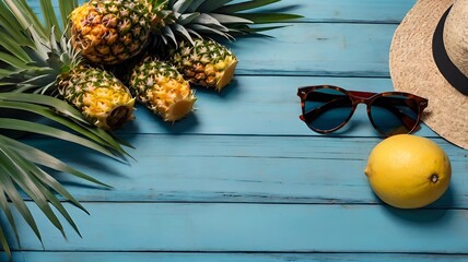 Summer Paradise: Tropical Flat Lay with Pineapples, Sunglasses & Straw Hat
