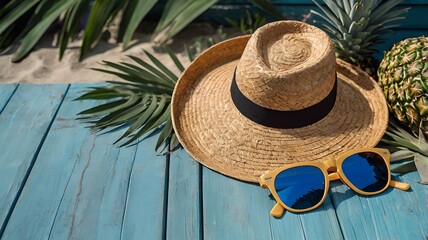 Summer Paradise: Tropical Flat Lay with Pineapples, Sunglasses & Straw Hat
