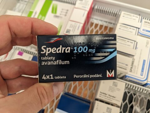 Prague, Czech Republic - July 9 2024: SPEDRA box of tablets with AVANAFIL active substance by MENARINI, used for treatment of erectile dysfunction.

