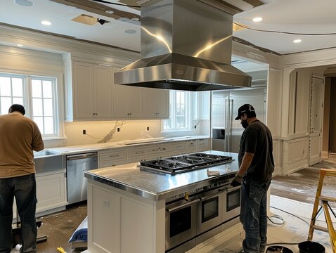 A team of professionals using a hoist to safely lift and install a heavy high-end hood vent into the kitchen for optimal ventilation,