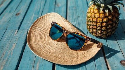 Summer Paradise: Tropical Flat Lay with Pineapples, Sunglasses & Straw Hat
