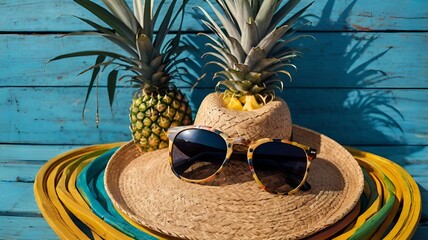 Summer Paradise: Tropical Flat Lay with Pineapples, Sunglasses & Straw Hat
