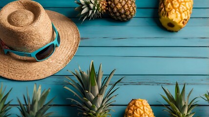 Summer Paradise: Tropical Flat Lay with Pineapples, Sunglasses & Straw Hat

