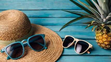 Summer Paradise: Tropical Flat Lay with Pineapples, Sunglasses & Straw Hat
