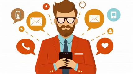 Businessman linking tech devices  app icons to phone for AI art creation.