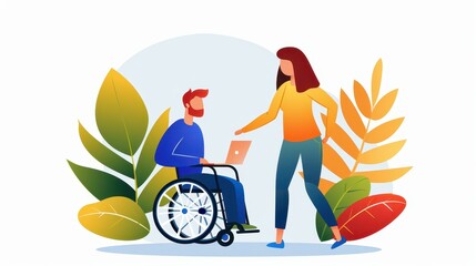 Handicapped businessman works with colleagues in a creative office, seen in full length side view.