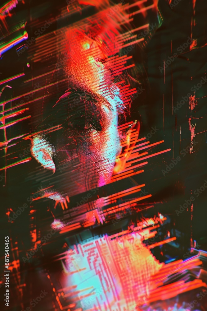 Poster close-up of a person's face with a computer chip in the background, suitable for illustrations about