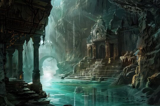 Ancient temple ruins overgrown by jungle vegetation in a flooded cavern
