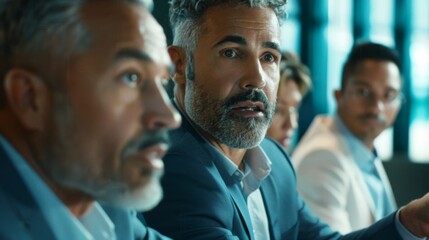 Mature mentor manager speaking at executive team meeting in boardroom.&nbsp;Male leader training executive team at board briefing.&nbsp;Multicultural professional business people discussing