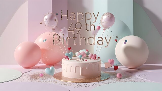 Minimalist 3D Pastel theme Happy 49th Birthday Background With Illustration Of Cake, Balloons, Heart And Confetti, 3d Happy Birthday Background
