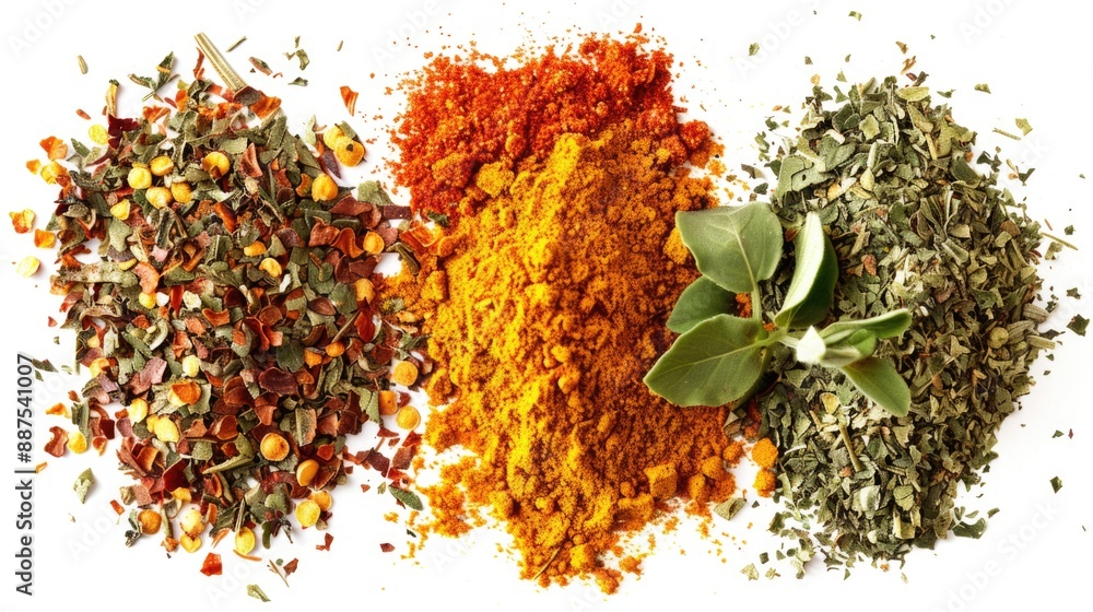 Poster a colorful arrangement of various spices on a white surface