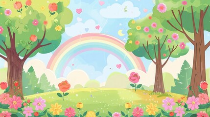 Fototapeta premium A garden with Apple trees, chrysanthemums, roses are the most prominent, the sky is blue like after rain and there is a rainbow, cartoon vector illustration with white background for graphic design an